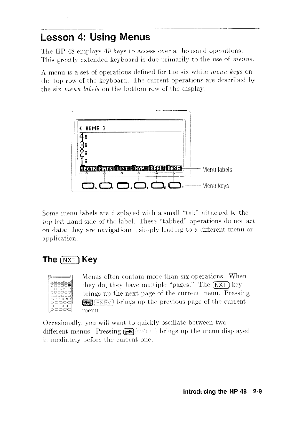 Lesson 4: using menus, The (nxt) key, Lesson 4; using menus -9 | Fimxt), Key -9 | HP 48G User Manual | Page 21 / 116