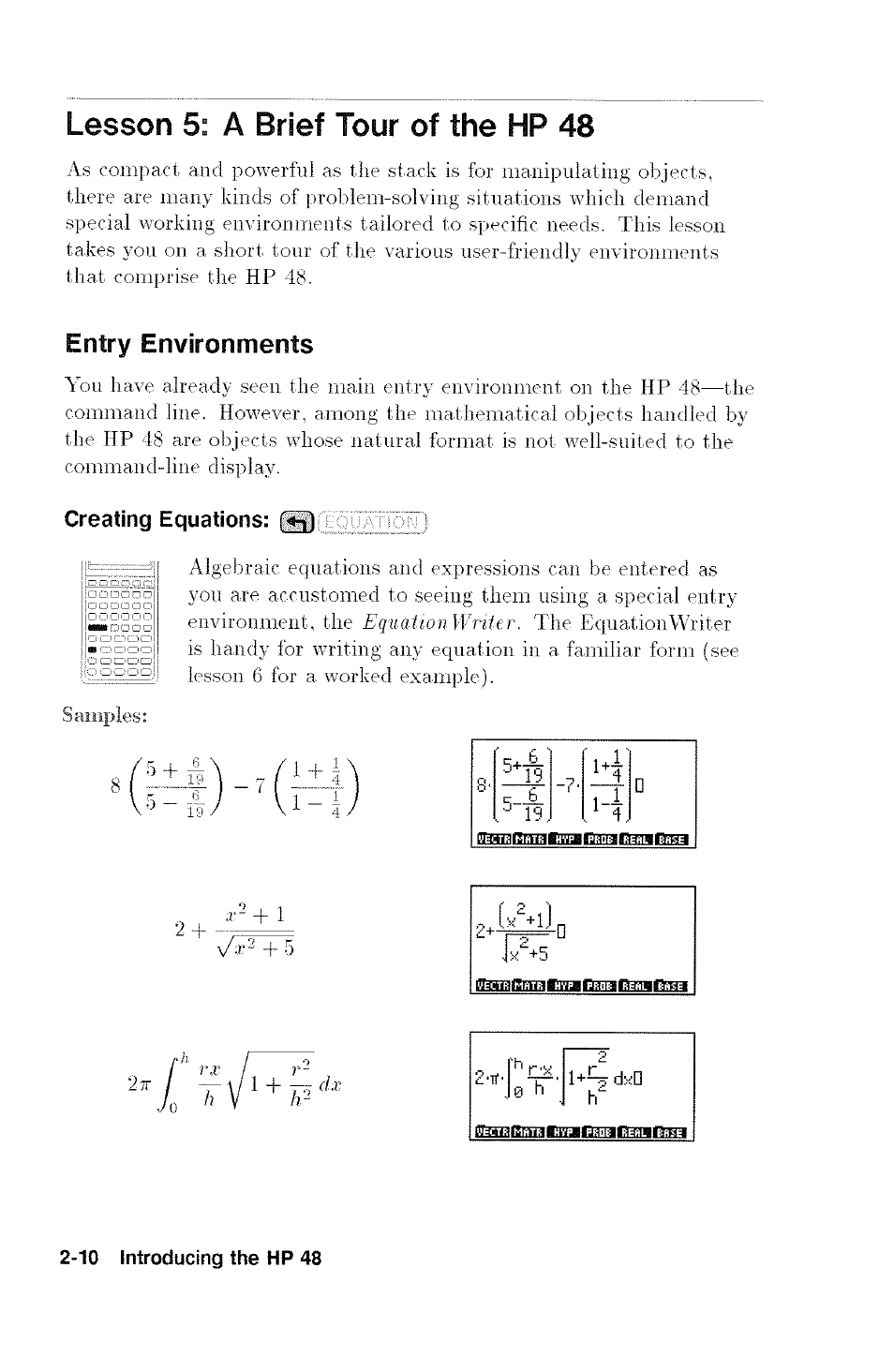 Lesson 5: a brief tour of the hp 48, Entry environments, Creating equations: [fjj | Entry environments -10 | HP 48G User Manual | Page 22 / 116