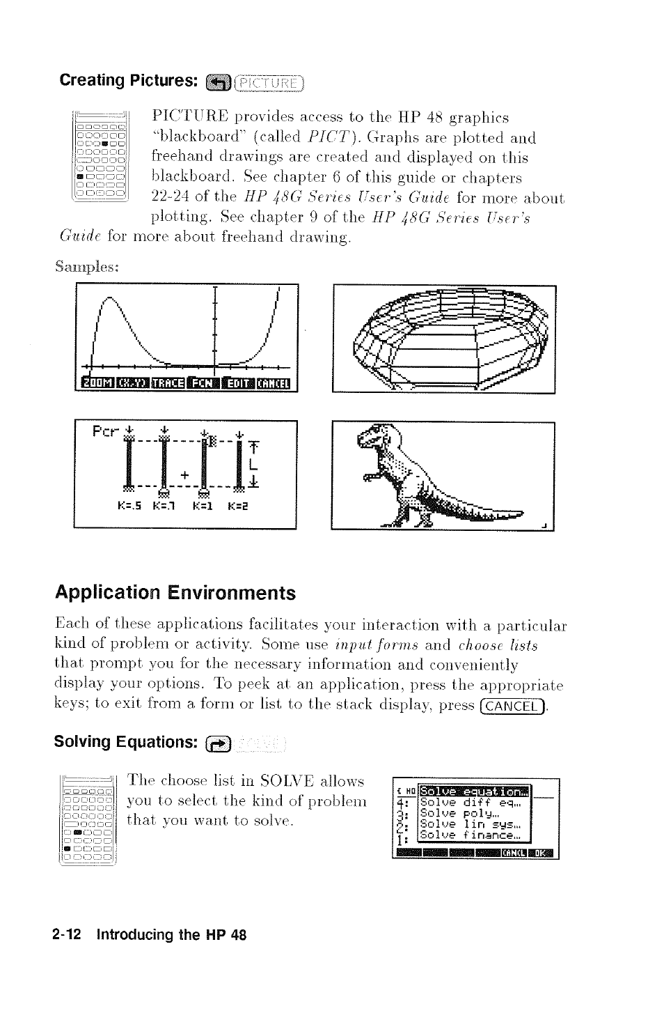 Application environments, Solving equations: o, Application environments -12 | A/ , , / mniiffinii, Application, Environments | HP 48G User Manual | Page 24 / 116