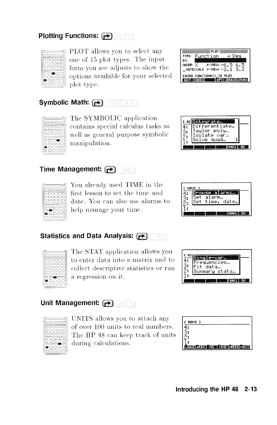 Plotting functions: |q, Symbolic math: (q, Time management: (q | Statistics and data analysis: |q, Unit management: q, Calculus, Stat, Tlie symbolic application contains special, Application allows | HP 48G User Manual | Page 25 / 116