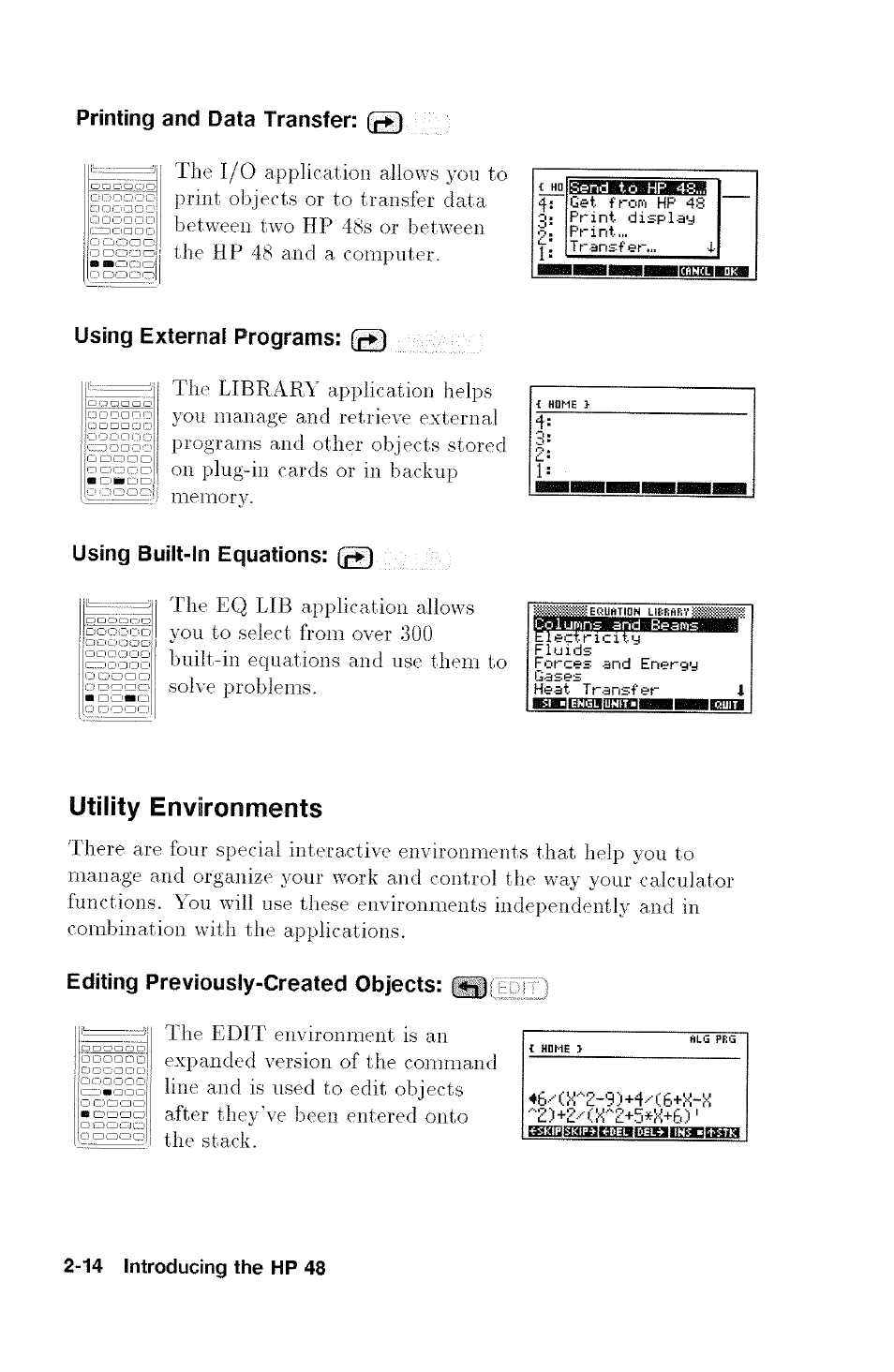 Printing and data transfer: (q, Using external programs: (g), Using built-in equations: o | Utility environments, Editing previously-created objects: q, Utility environments -14 | HP 48G User Manual | Page 26 / 116