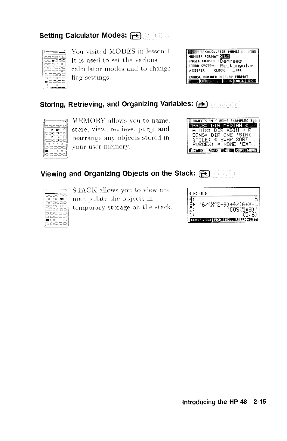 Setting calculator modes: q, Storing, retrieving, and organizing variables, Iid№giat5m5iatti;ia»«mi | Viewing and organizing objects on the stack | HP 48G User Manual | Page 27 / 116