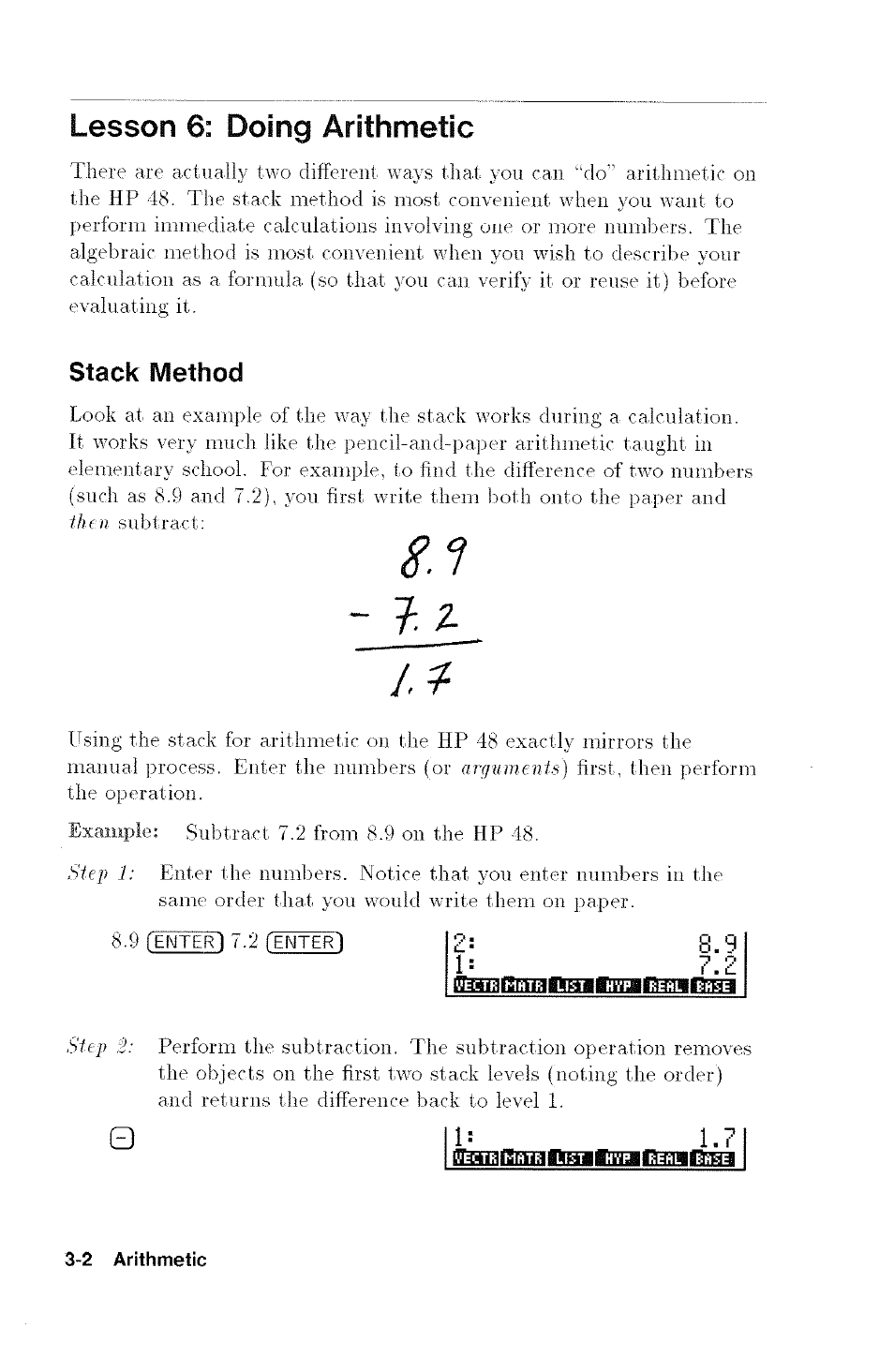 Lesson 6: doing arithmetic, Stack method, Lesson 6; doing arithmetic -2 | Stack method -2 | HP 48G User Manual | Page 30 / 116