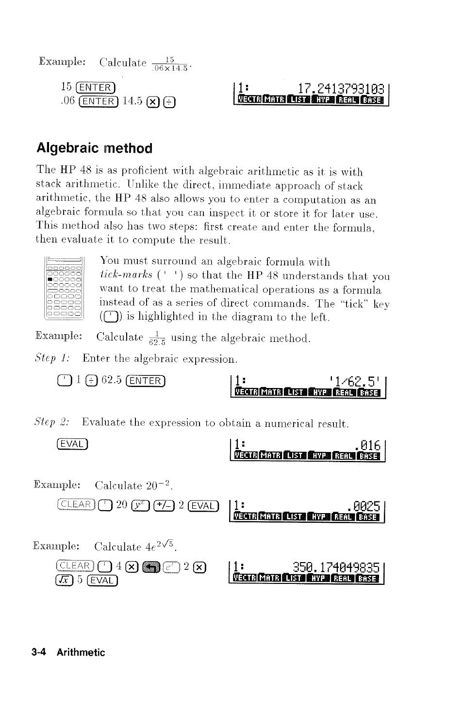 Ctjitiiaismbffthabiknbfanbiaaaa, Algebraic method, 1 © 62.5 (enter) u 'j | Cdiar)a4(©s) '4, Algebraic method -4 | HP 48G User Manual | Page 32 / 116