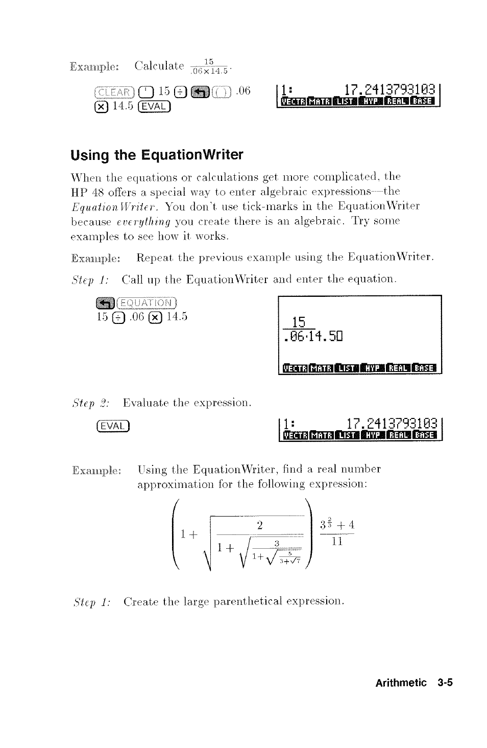 Using the equationwriter, Ltsing the equation writer -5, 0lijjtll) -06 | Till -quaftiom i | HP 48G User Manual | Page 33 / 116