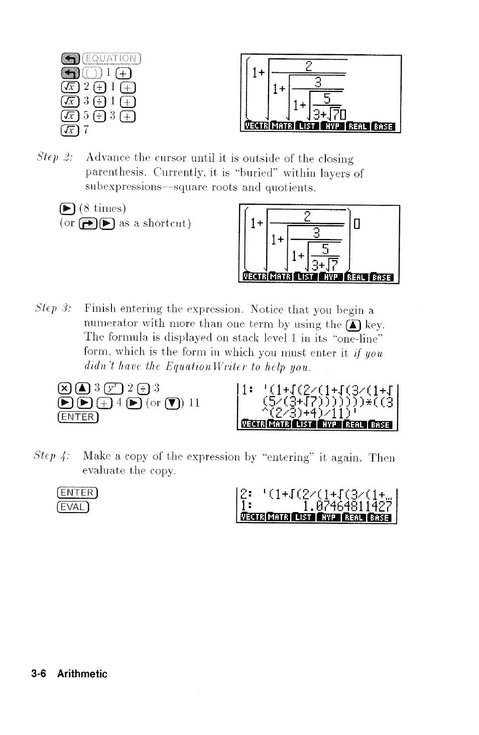 20ic±), Cs/(.3+r7)).i))))*(g, A+-r'..lf-'cl+rc.3-'i;.l+„, 1: 1.07464811427 | 1 + 5 d | HP 48G User Manual | Page 34 / 116