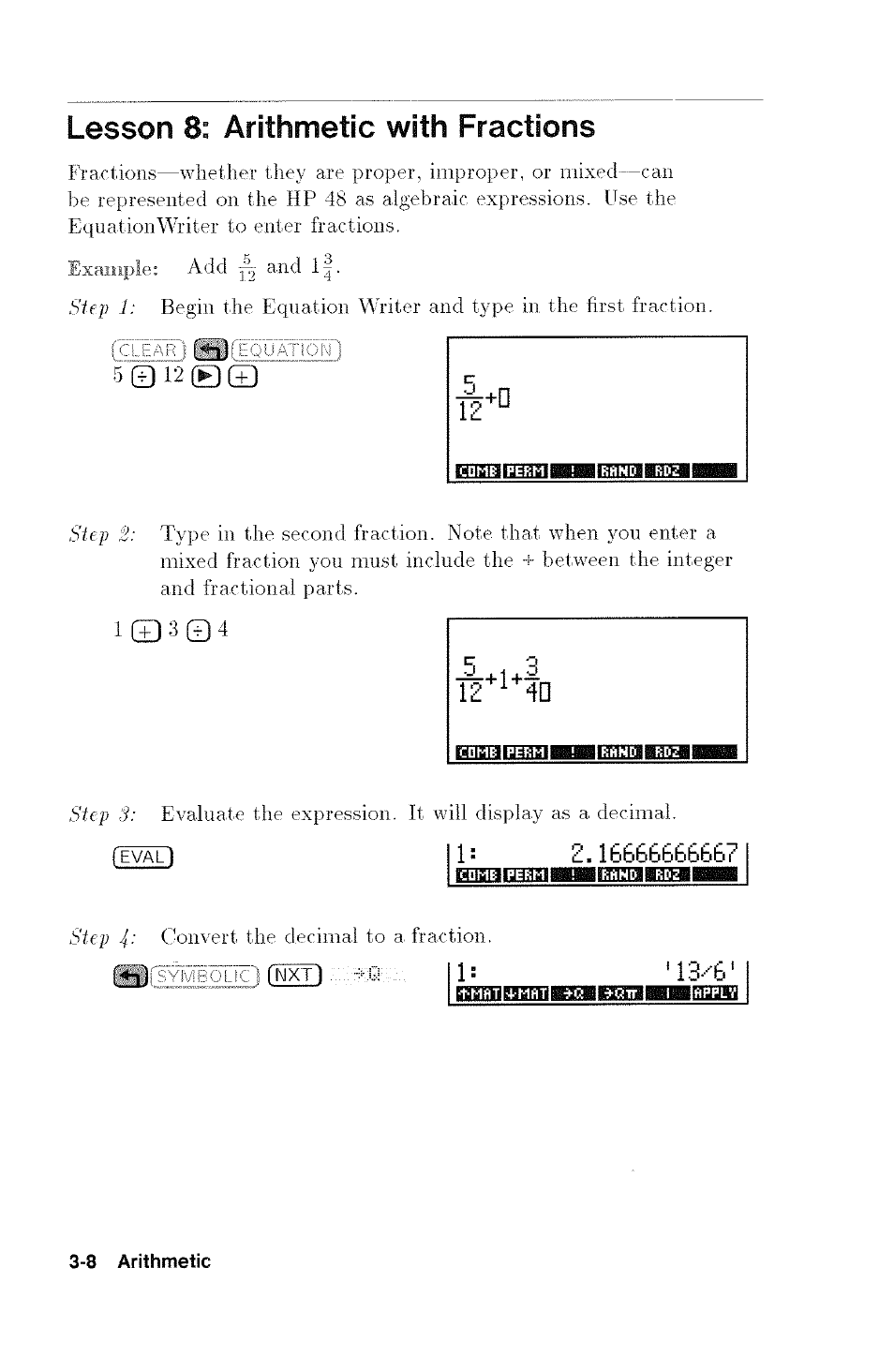 Lesson 8: arithmetic with fractions, Lesson 8: arithmetic with fractions -8 | HP 48G User Manual | Page 36 / 116