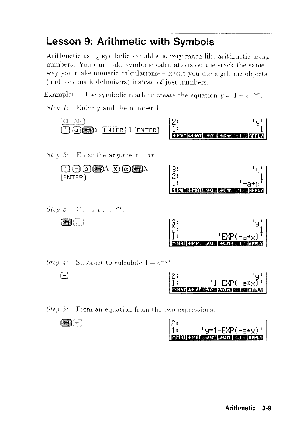 Lesson 9: arithmetic with symbols, 1 mrniigggirniictkiatiiiiiiiiiihjiim, 1= 'expc-a*x) | Easmera;iikiiahbsbnabi»iiim3iro, L-ekpc-a*x), 'y=l-ekpc-a*>i), Lesson 9; arithmetic with symbols -9, Izd q | HP 48G User Manual | Page 37 / 116