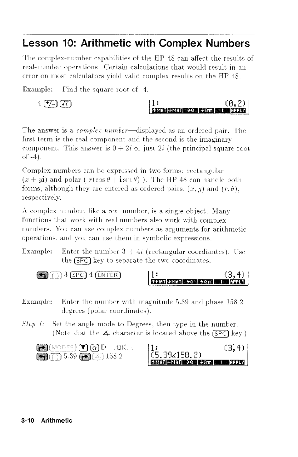 Lesson 10: arithmetic with complex numbers, Lesson 10: arithmetic with cgmplex numbers | HP 48G User Manual | Page 38 / 116