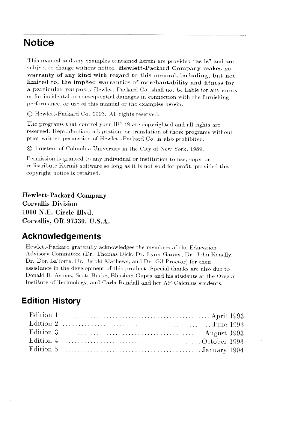 Notice, Acknowledgements, Edition history | HP 48G User Manual | Page 4 / 116