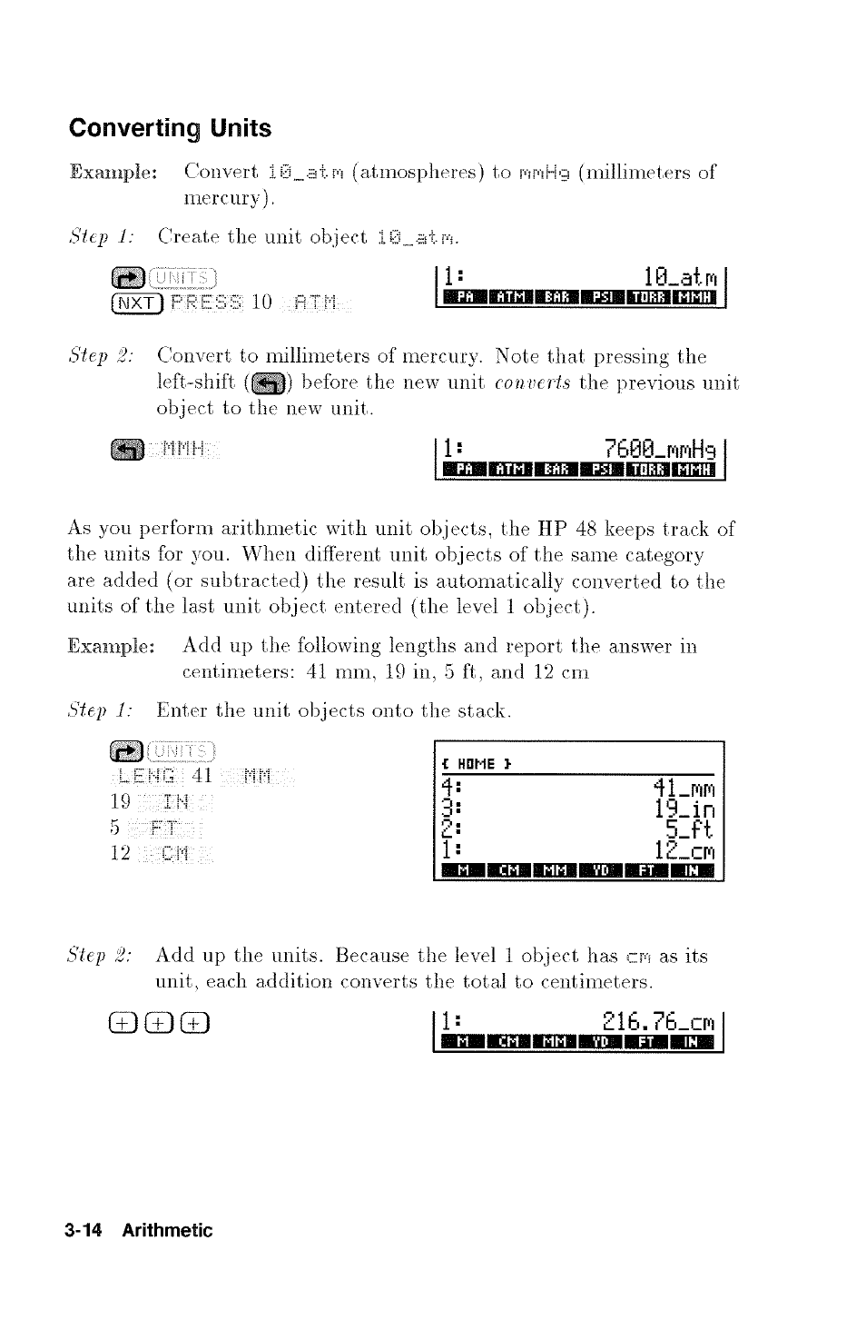 Converting units, I iimimiskfaaihjjbkiiiaimrb, ?6_ll4 | J _atrfi, 3 lehg 41 mm, 5_ft 12 cm 1: l£_cm —bwaiaagiimbwaii anna | HP 48G User Manual | Page 42 / 116
