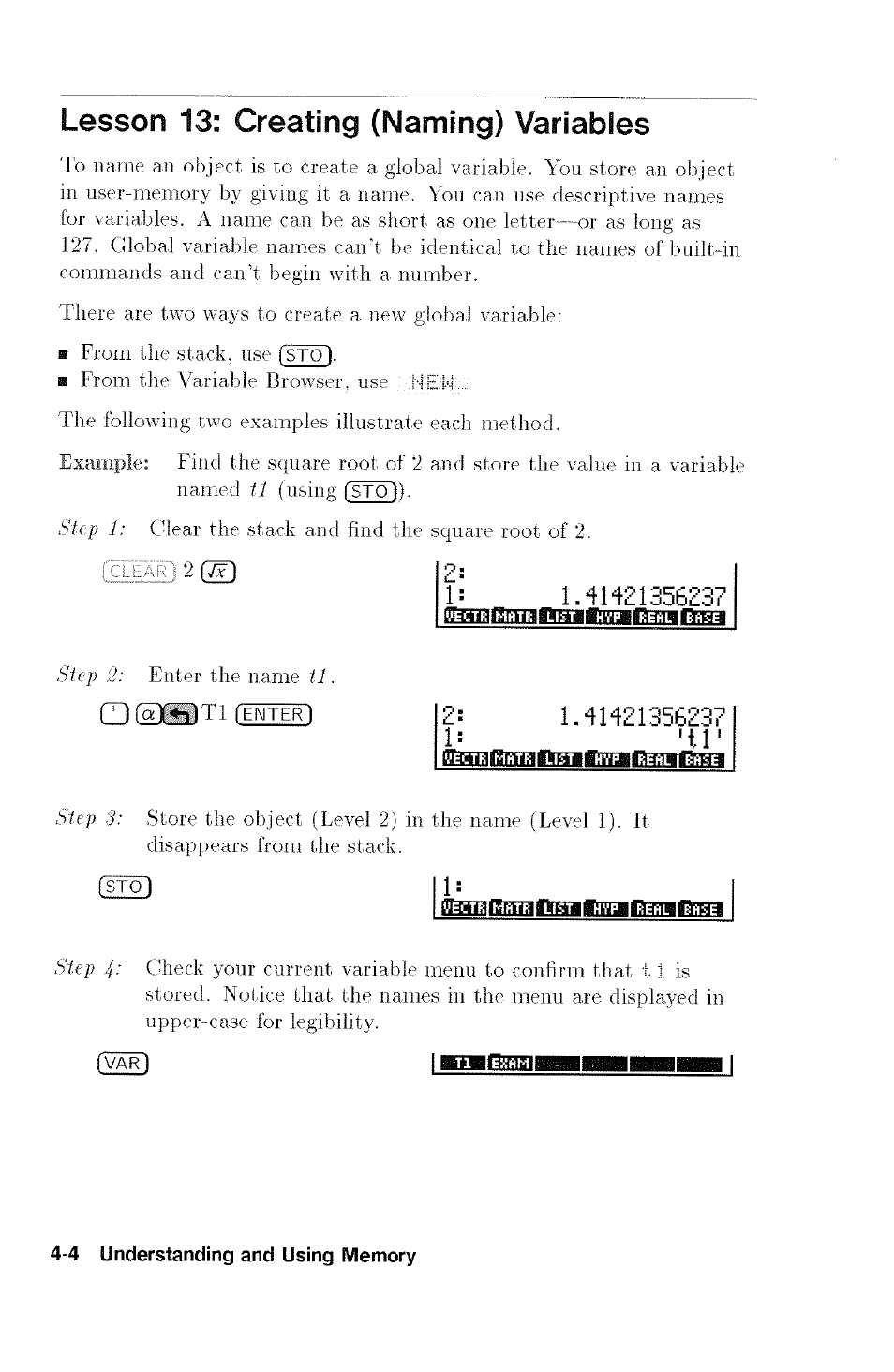 1.414£1356z37, Lesson 13: creating (naming) variables | HP 48G User Manual | Page 48 / 116