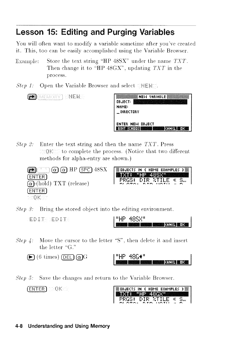 Edit |"hp48sh, Hp 48g4, Hp48sh | Lesson 15: editing and purging variables | HP 48G User Manual | Page 52 / 116