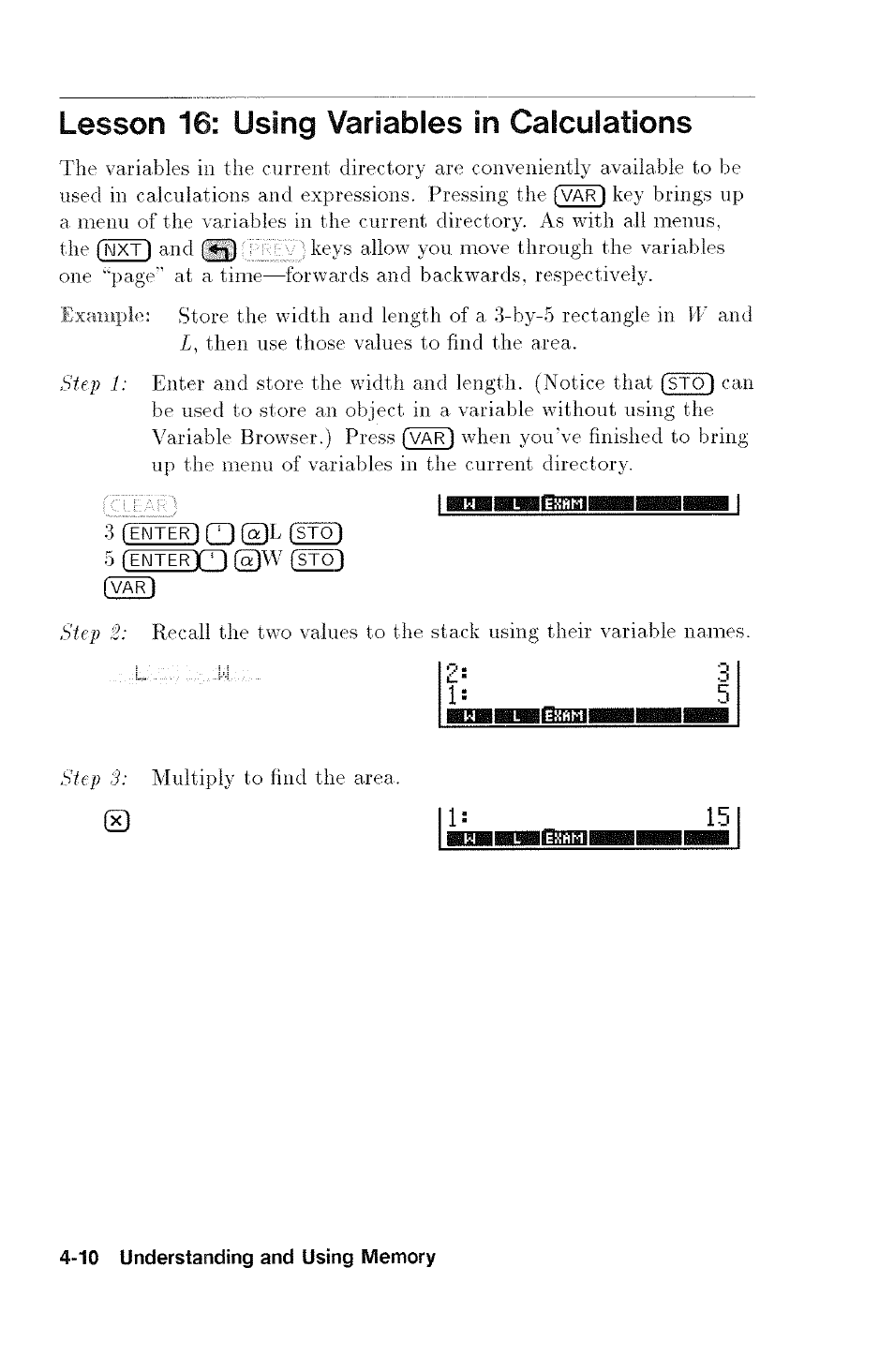 Lesson 16: using variables in calculations | HP 48G User Manual | Page 54 / 116