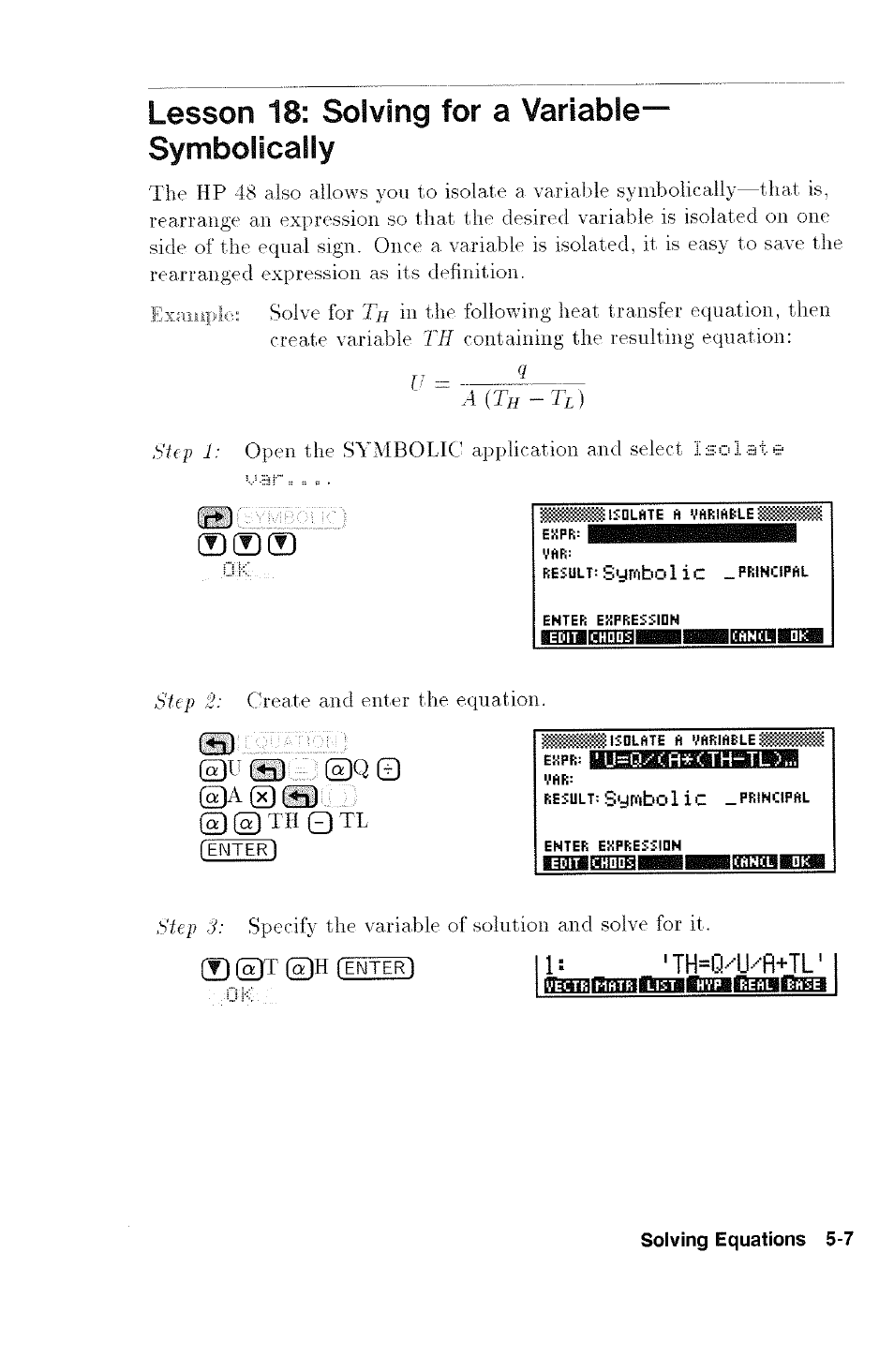 Lesson 18: solving for a variable— symbolically, 'th=q©/fl+tl, Si ©f s) ©q © © 4 © s) | HP 48G User Manual | Page 61 / 116