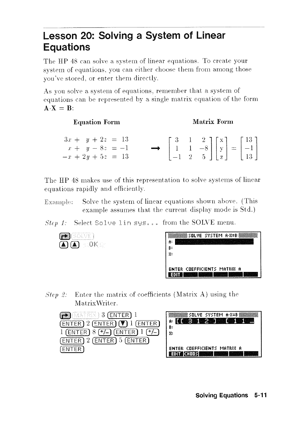 Lesson 20: solving a system of linear equations, Ijdtilmililiml | HP 48G User Manual | Page 65 / 116