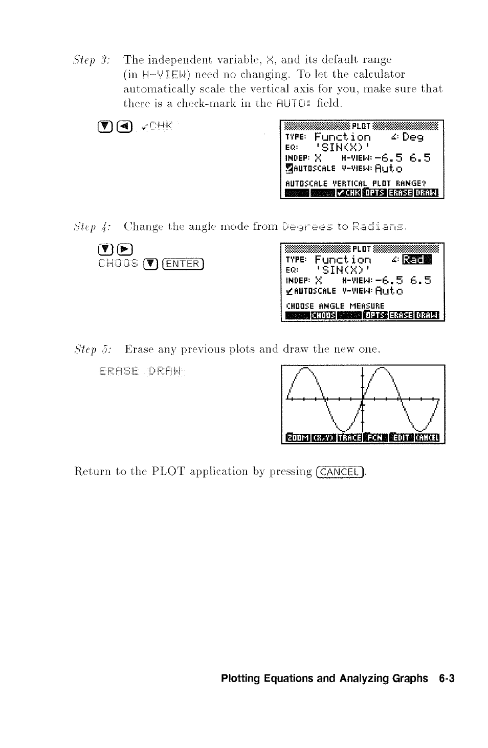 Function, Deg 6.5, Tvpe; function [ggbb | Eq: 'sin<k), Mwbihiitnblilimiitijmimffihjiaaobi | HP 48G User Manual | Page 69 / 116