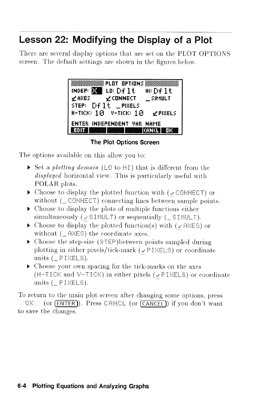 Lesson 22: modifying the display of a plot, Jjiiiimmiimiibiibamnttihi, The plot options screen | Df it, Dflt | HP 48G User Manual | Page 70 / 116