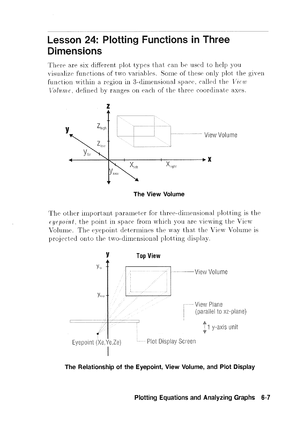 Lesson 24: plotting functions in three dimensions, View volume, View plane (parallel to xz-plane) | Y-axis unit, Eyepoint (xe,ye,ze), Lot display screen | HP 48G User Manual | Page 73 / 116