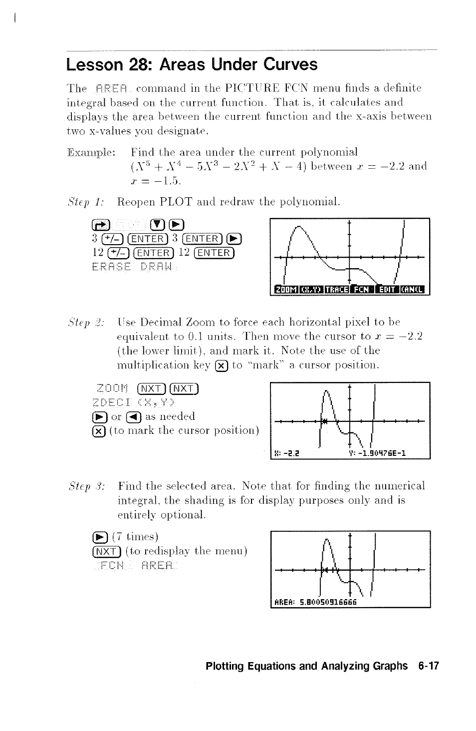 Lesson 28: areas under curves, Z 0 0 m (nxt) (nxt~), A l i | I i . . . . / . . i | HP 48G User Manual | Page 83 / 116