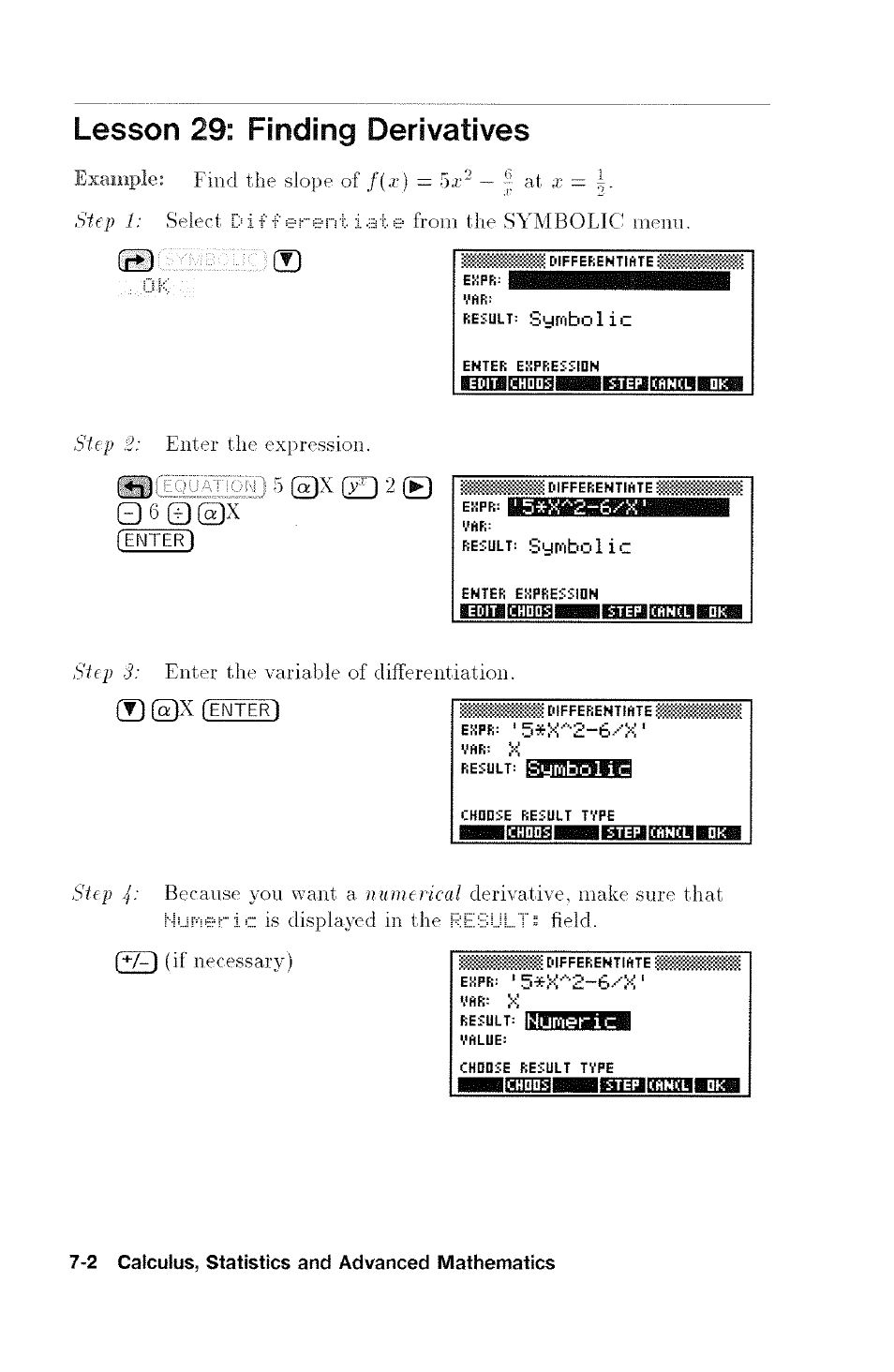 Lesson 29: finding derivatives, 5 ©x fenter), Ekpr: ' 5*x-''2-6/x | Hnnihi—imjjtnmibiraa, Miai3a№t;wiiaa, Example, Symbolic, Numeric | HP 48G User Manual | Page 86 / 116