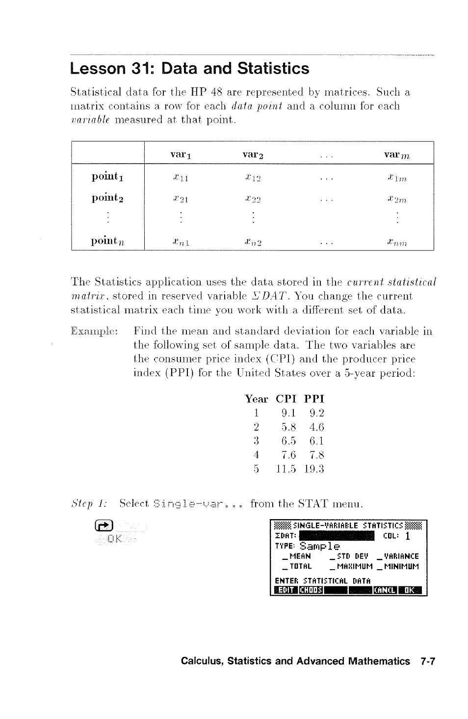 Lesson 31: data and statistics, Tvpe; sample | HP 48G User Manual | Page 91 / 116