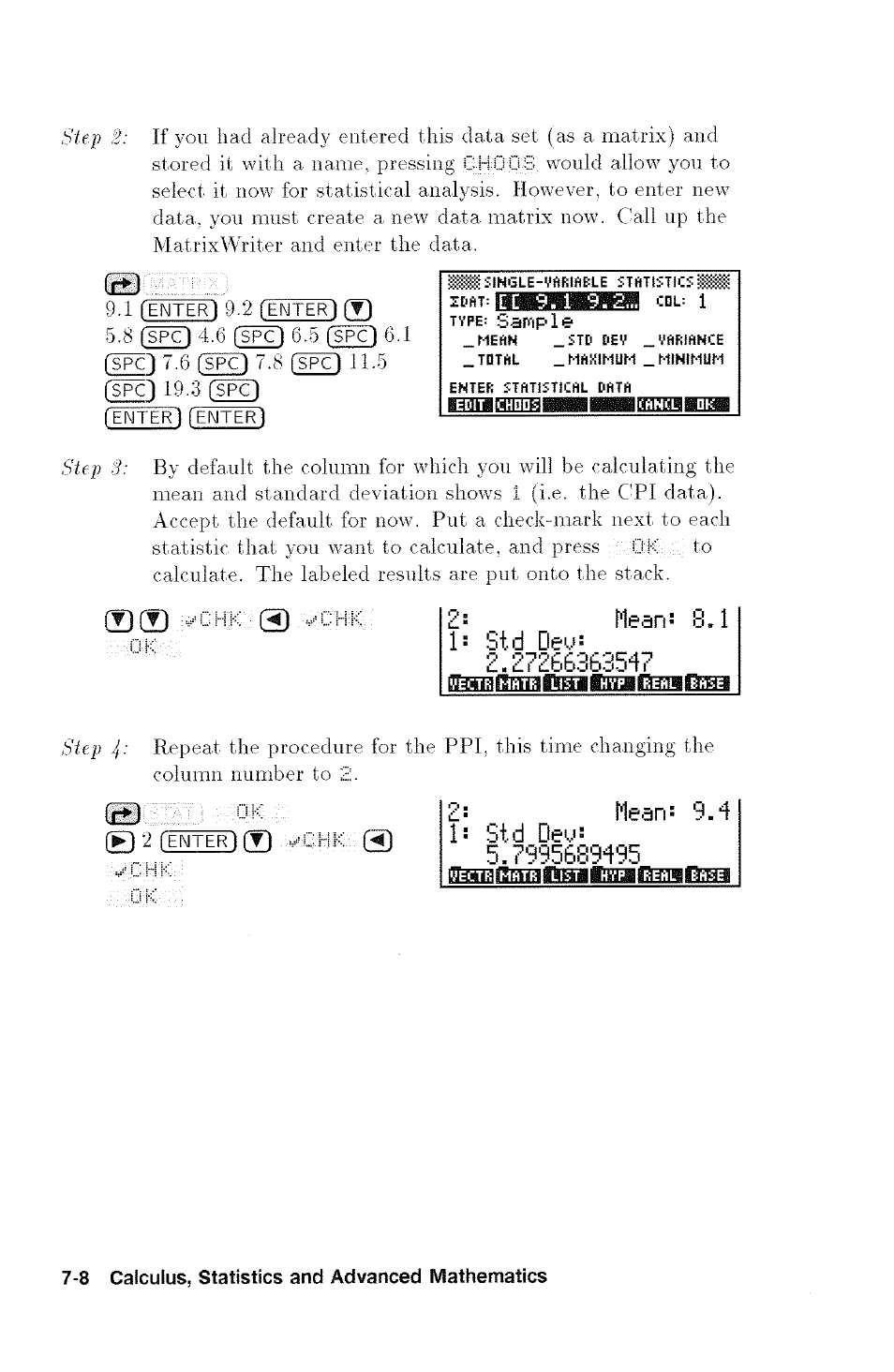 Mean: 8.1, Std dey: 2.27266363547, Mean: 9.4 | Std dey: 5.7995639495, Mean | HP 48G User Manual | Page 92 / 116