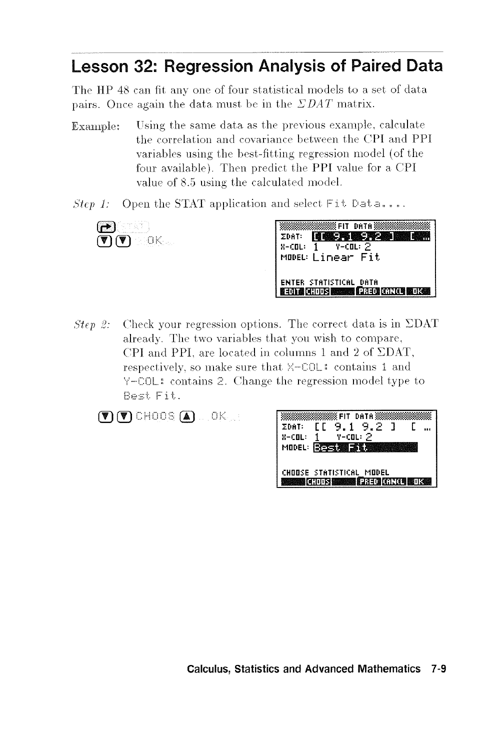 Lesson 32: regression analysis of paired data, Best fit | HP 48G User Manual | Page 93 / 116