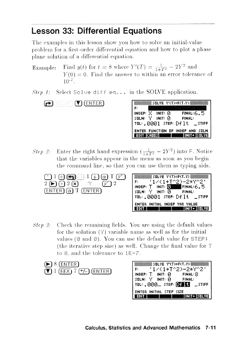 Lesson 33: differential equations, P: '1 .■■■■ < 1 +t''-2 ) -2*y-''2, Cd 1 © ai i sd © t [v | HP 48G User Manual | Page 95 / 116