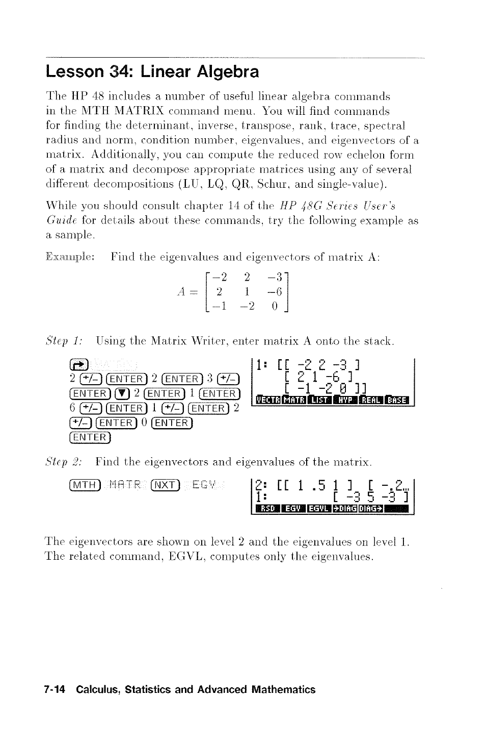 Lesson 34: linear algebra | HP 48G User Manual | Page 98 / 116