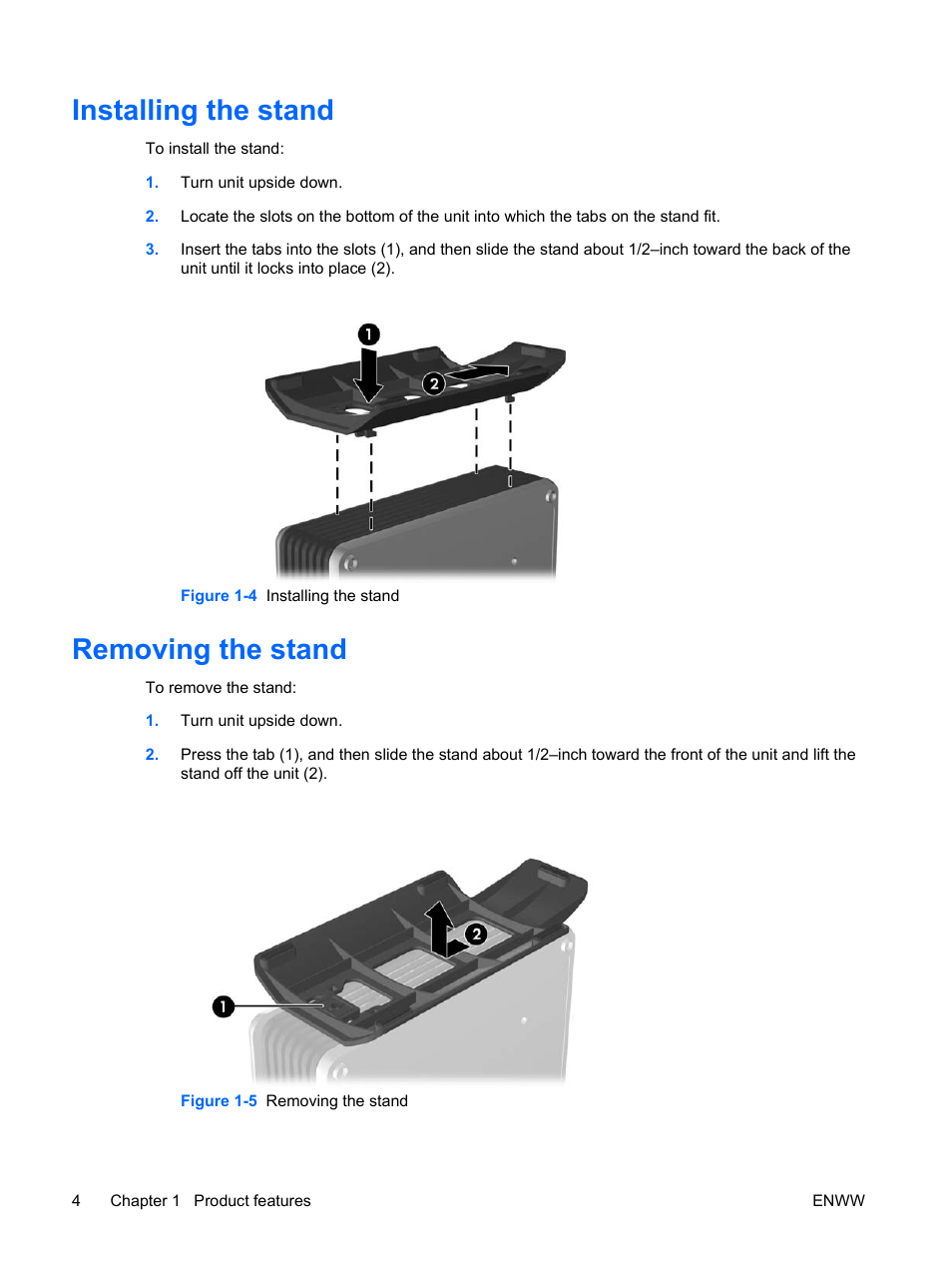 Installing the stand, Removing the stand, Installing the stand removing the stand | HP t5135 User Manual | Page 10 / 34