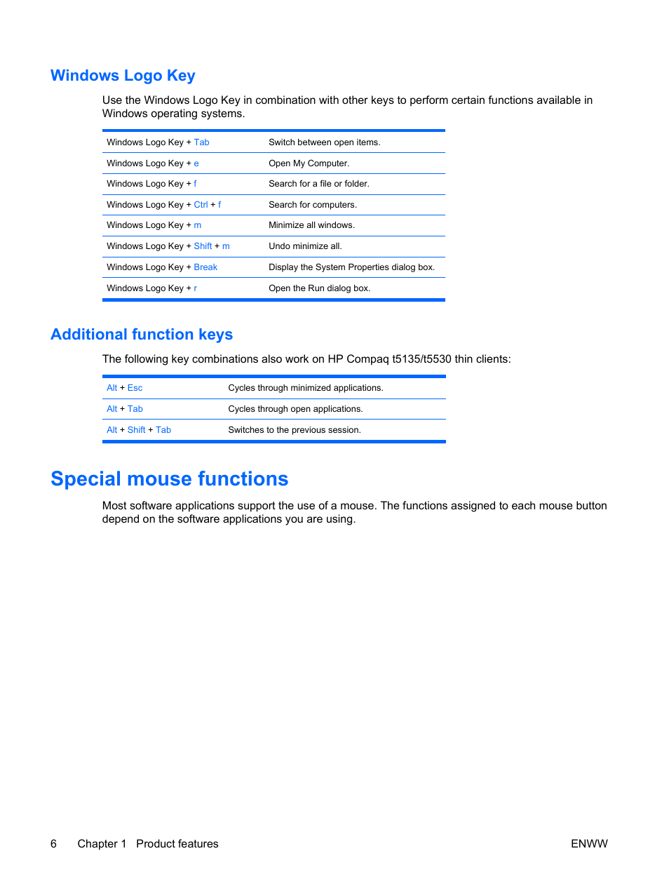 Windows logo key, Additional function keys, Special mouse functions | Windows logo key additional function keys | HP t5135 User Manual | Page 12 / 34