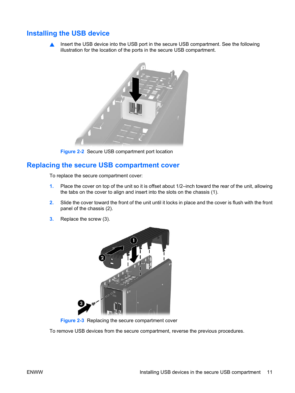 Installing the usb device, Replacing the secure usb compartment cover | HP t5135 User Manual | Page 17 / 34