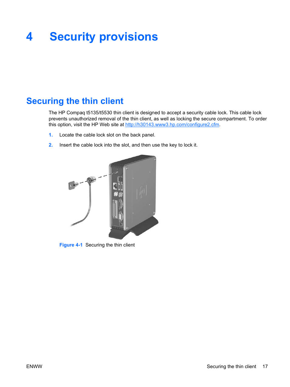 Security provisions, Securing the thin client, 4 security provisions | 4security provisions | HP t5135 User Manual | Page 23 / 34