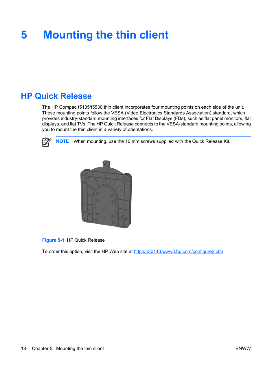 Mounting the thin client, Hp quick release, 5 mounting the thin client | 5mounting the thin client | HP t5135 User Manual | Page 24 / 34