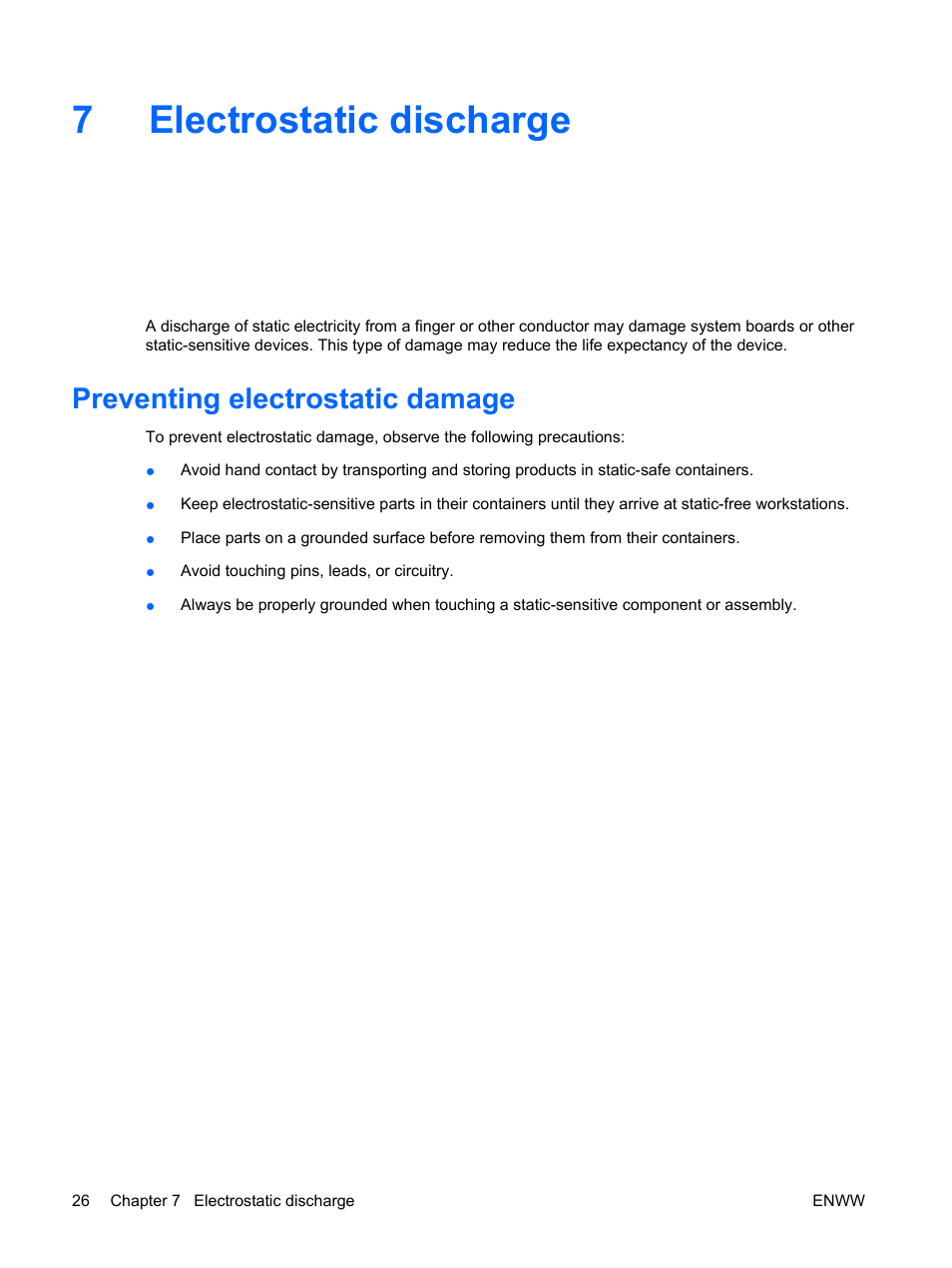 Electrostatic discharge, Preventing electrostatic damage, 7 electrostatic discharge | Preventing electrostatic, Damage, 7electrostatic discharge | HP t5135 User Manual | Page 32 / 34