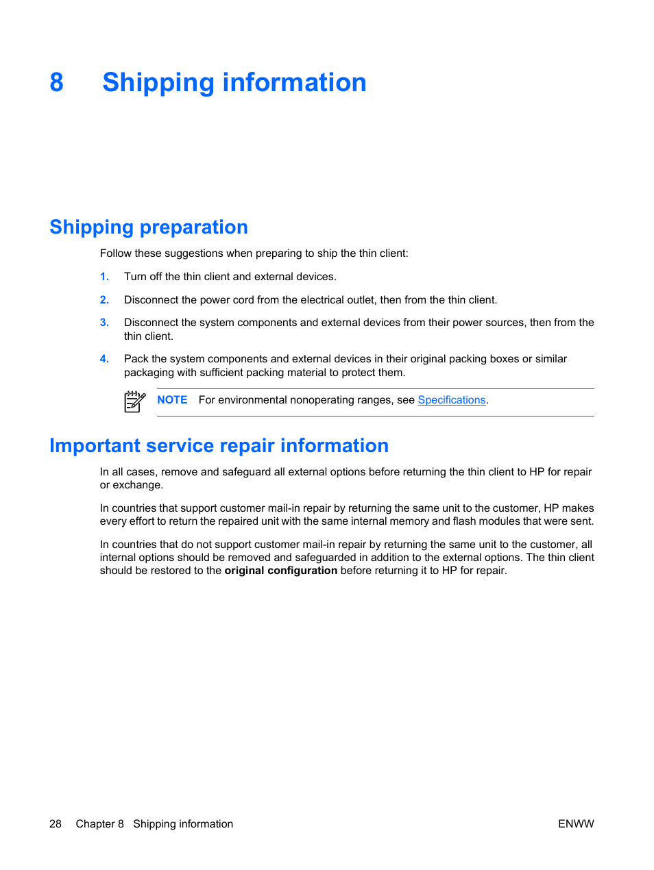 Shipping information, Shipping preparation, Important service repair information | 8 shipping information, 8shipping information | HP t5135 User Manual | Page 34 / 34