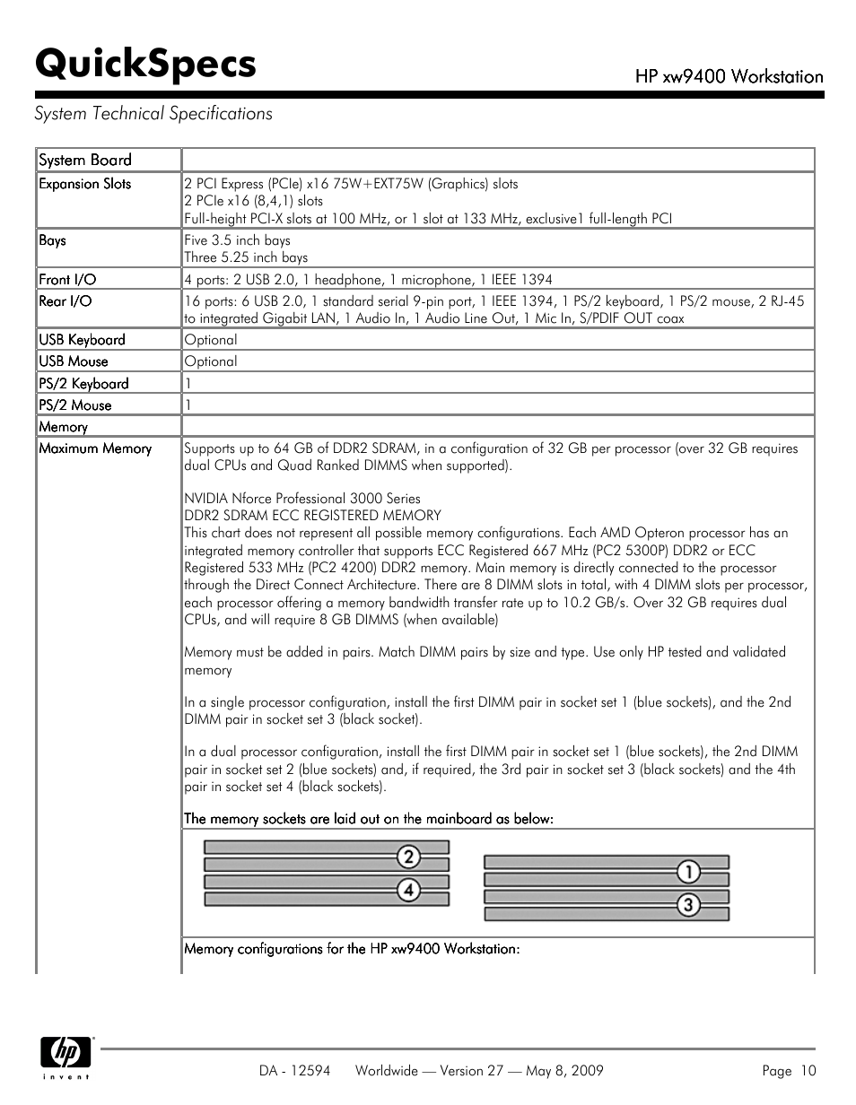 System technical specifications, Quickspecs | HP XW9400 User Manual | Page 10 / 47
