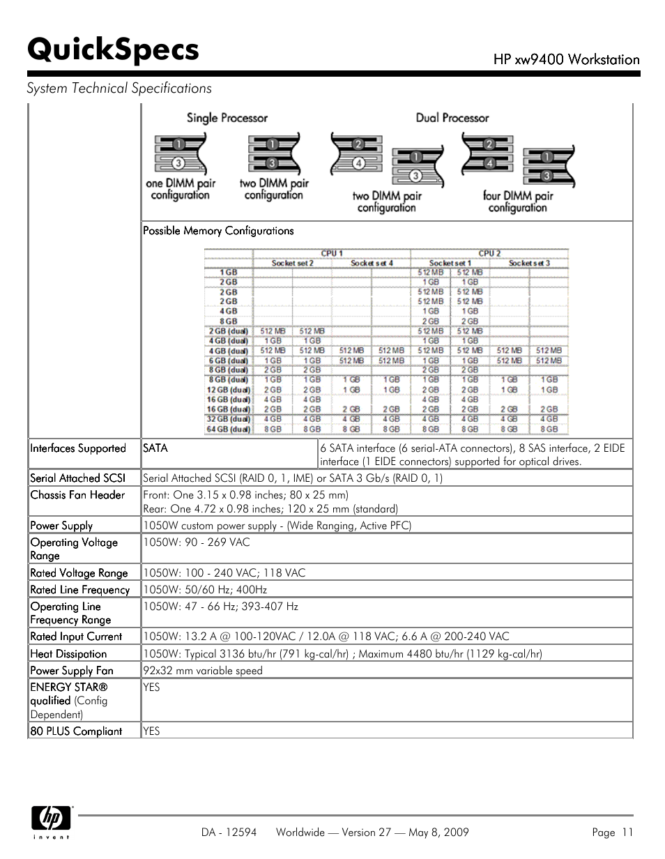 Quickspecs, Hp xw9400 workstation | HP XW9400 User Manual | Page 11 / 47