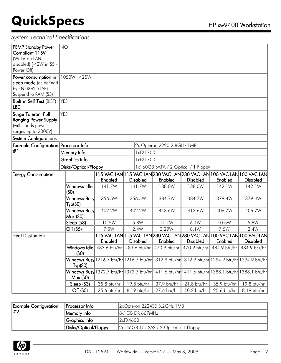 Quickspecs, Hp xw9400 workstation | HP XW9400 User Manual | Page 12 / 47