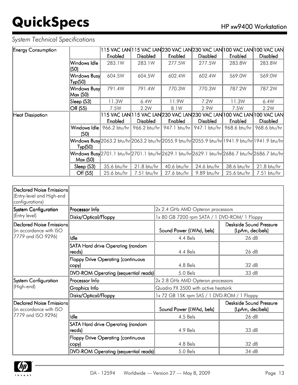 Quickspecs, Hp xw9400 workstation | HP XW9400 User Manual | Page 13 / 47
