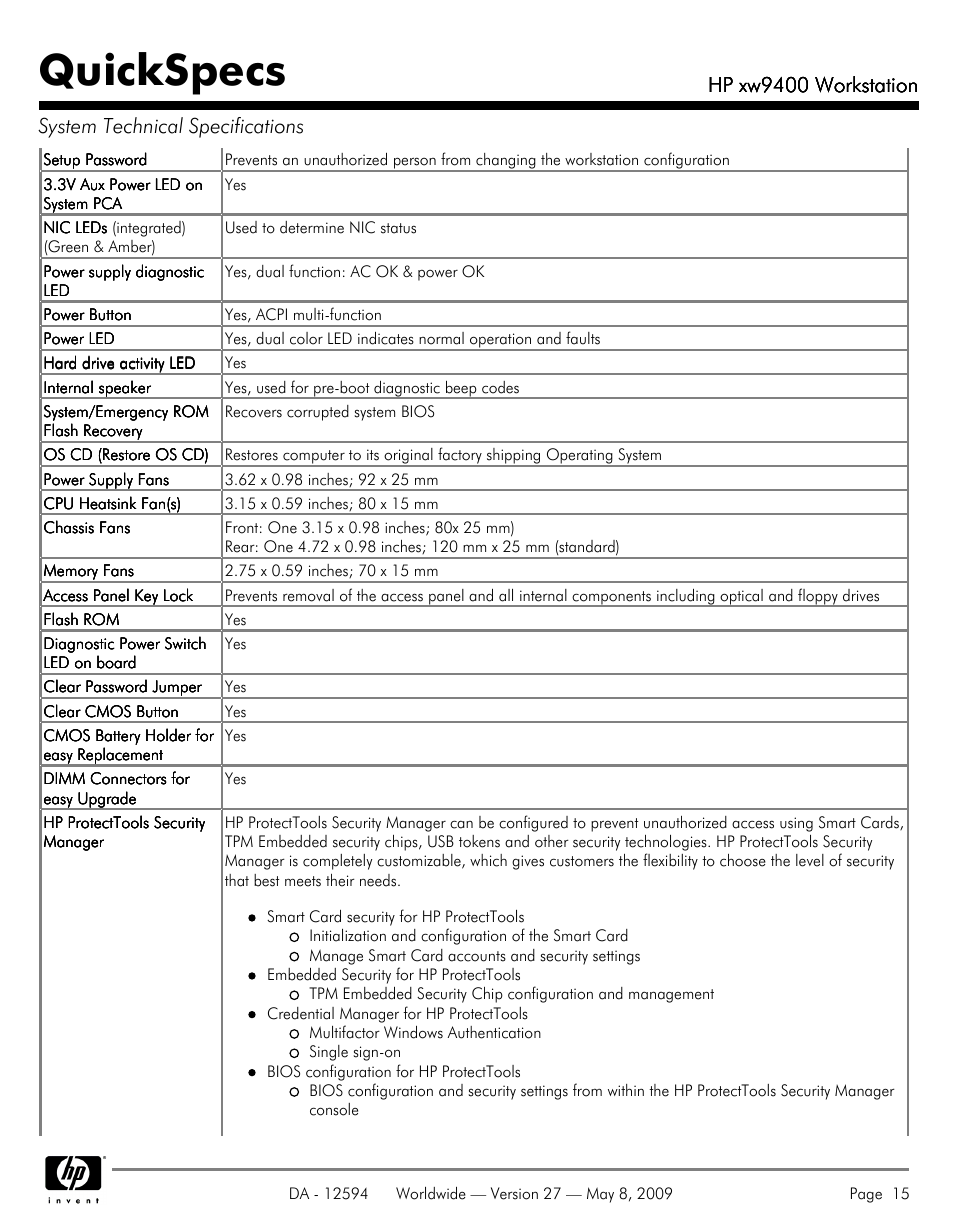 Quickspecs, Hp xw9400 workstation | HP XW9400 User Manual | Page 15 / 47