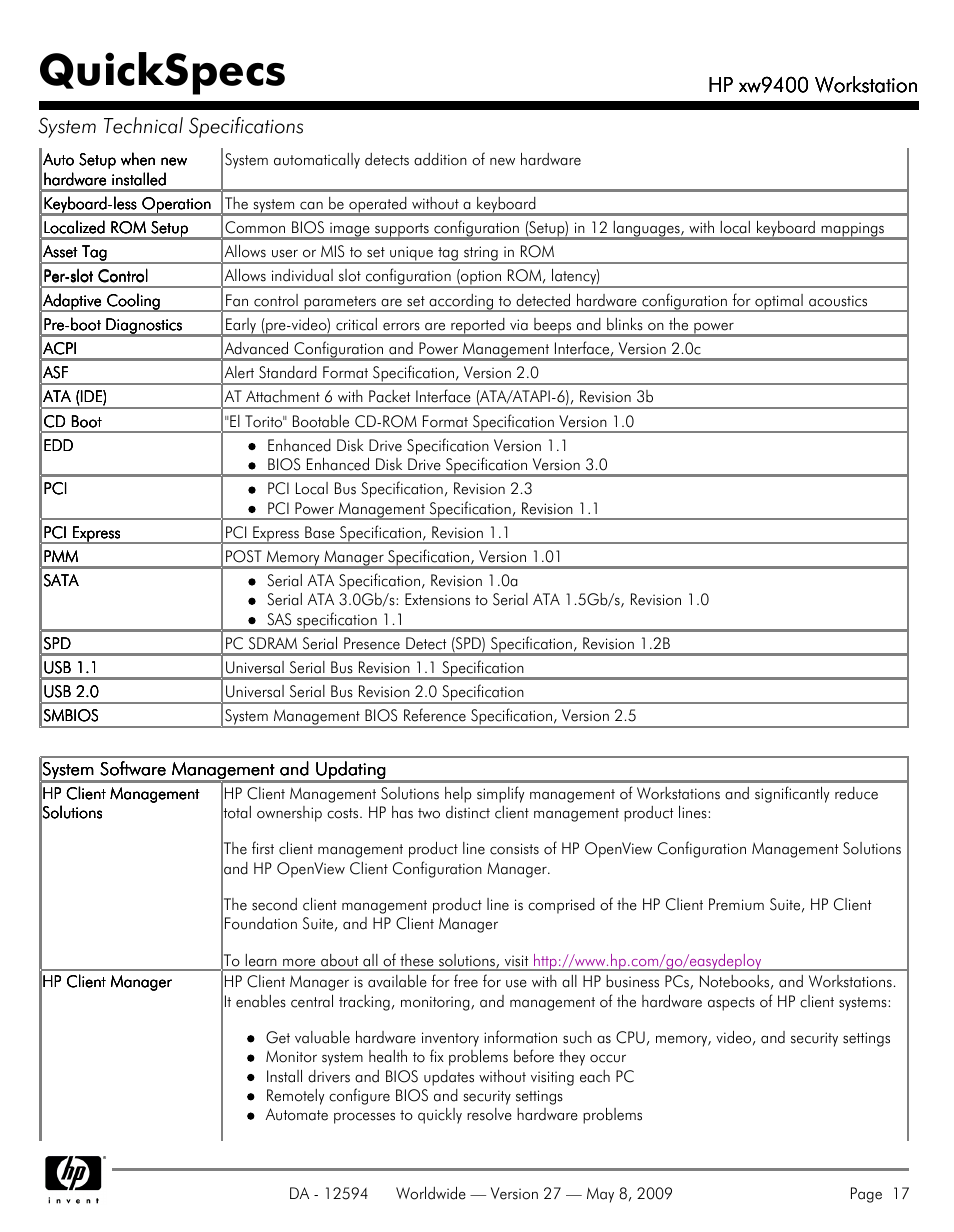 Quickspecs, Hp xw9400 workstation | HP XW9400 User Manual | Page 17 / 47