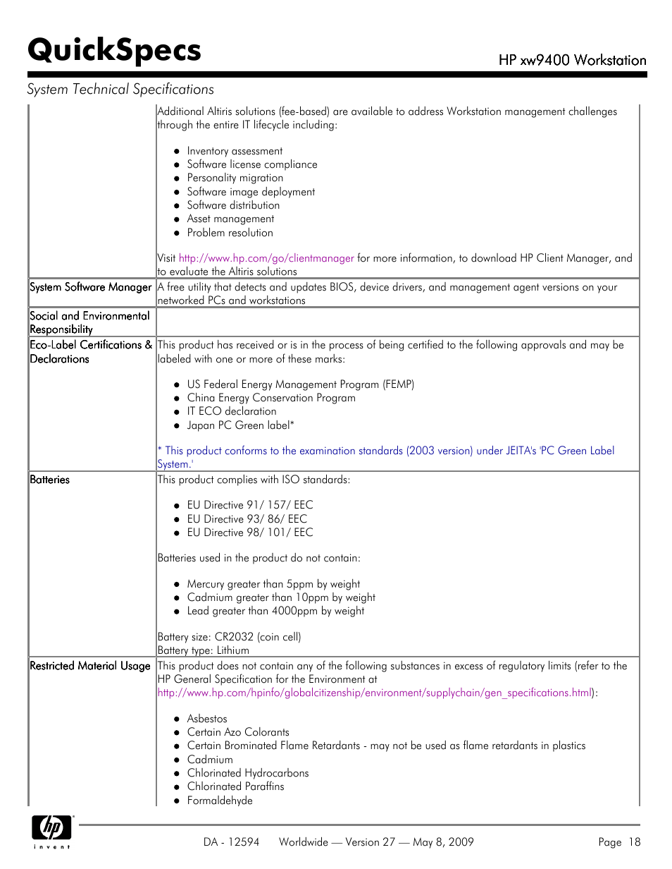 Quickspecs | HP XW9400 User Manual | Page 18 / 47