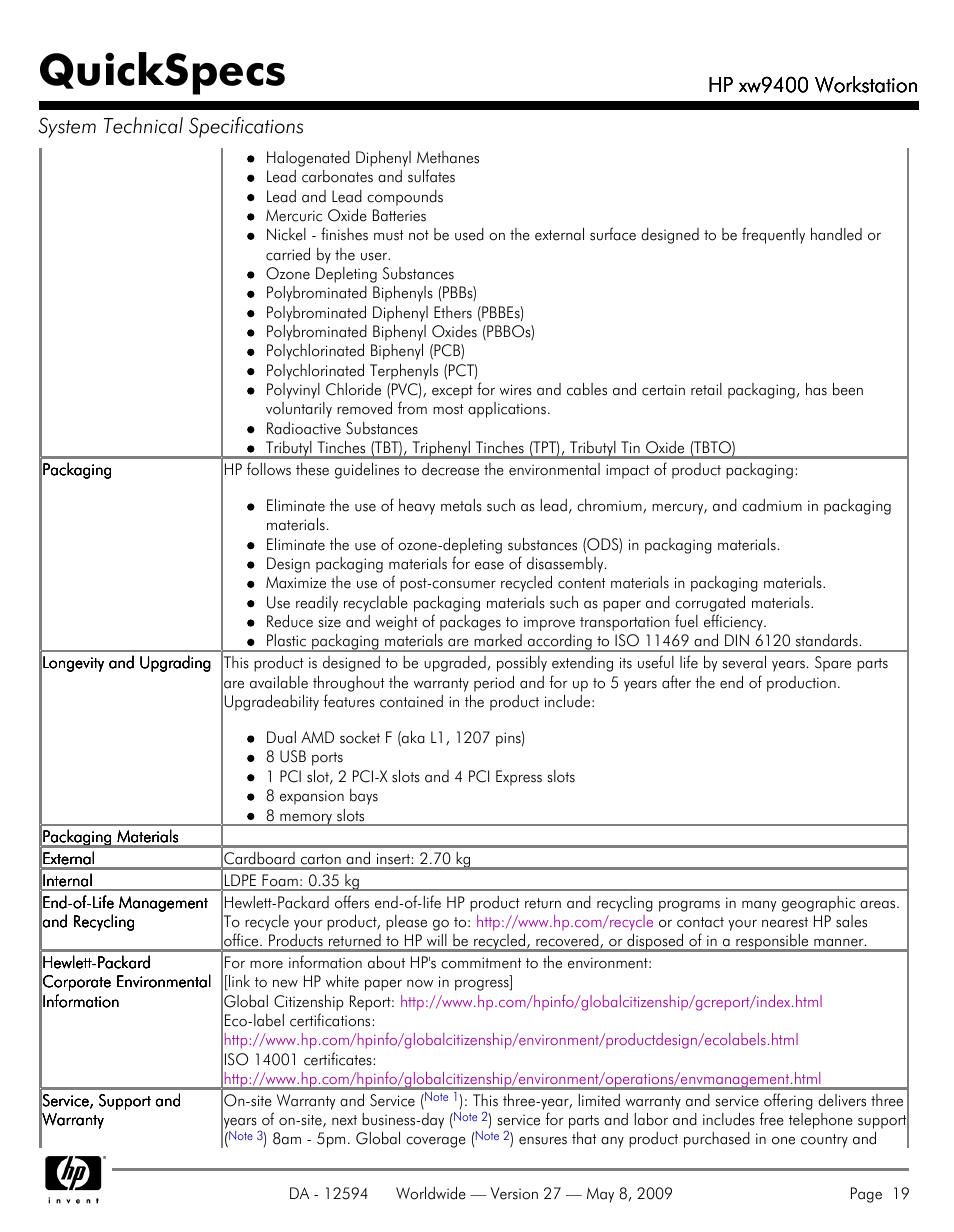 Quickspecs, Hp xw9400 workstation | HP XW9400 User Manual | Page 19 / 47