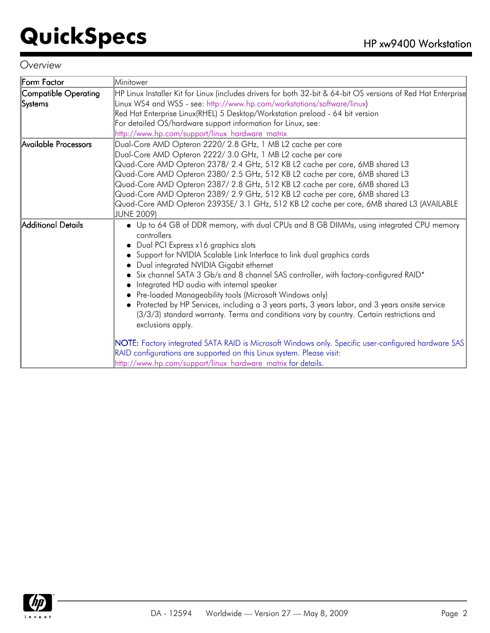 Quickspecs | HP XW9400 User Manual | Page 2 / 47