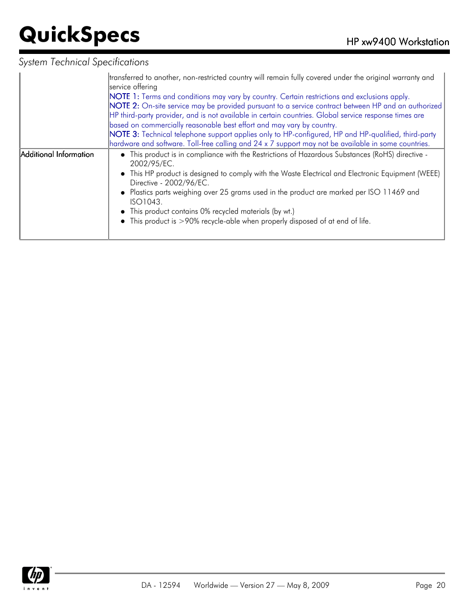 Quickspecs | HP XW9400 User Manual | Page 20 / 47