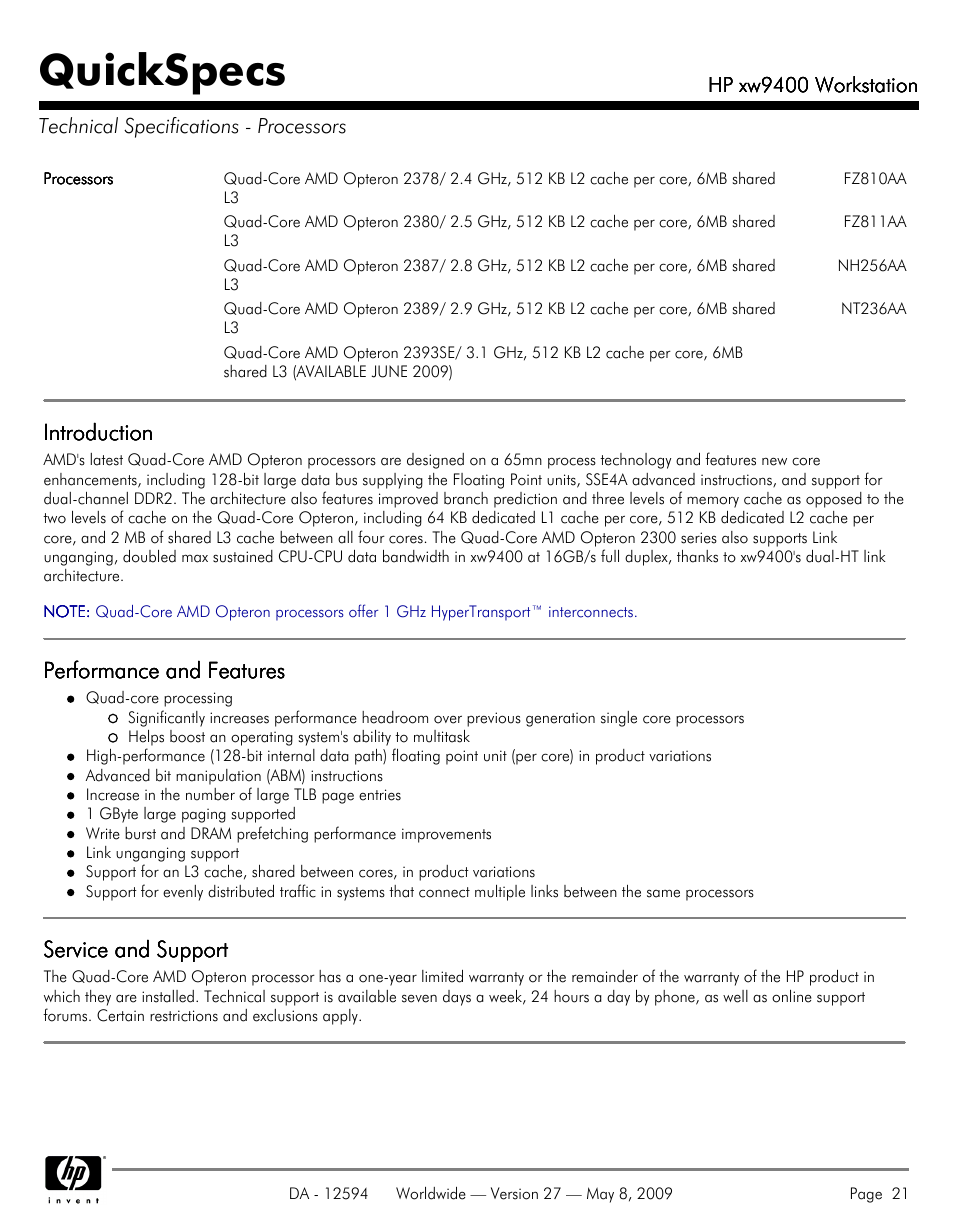 Technical specifications - processors, Quickspecs | HP XW9400 User Manual | Page 21 / 47