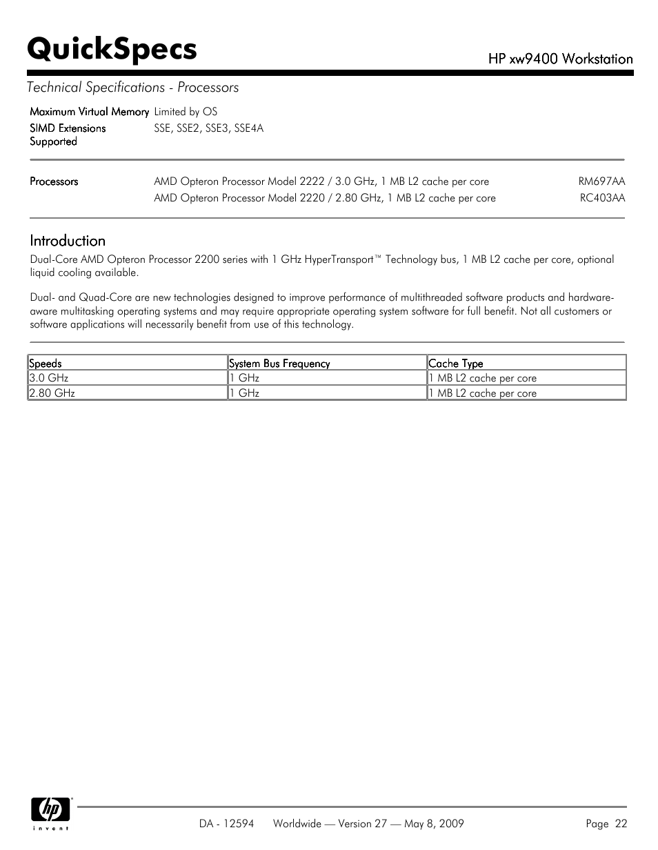 Quickspecs, Introduction | HP XW9400 User Manual | Page 22 / 47