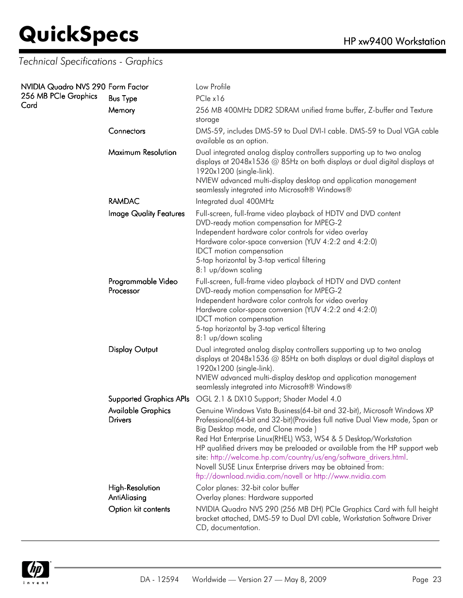 Technical specifications - graphics, Quickspecs, Hp xw9400 workstation | HP XW9400 User Manual | Page 23 / 47